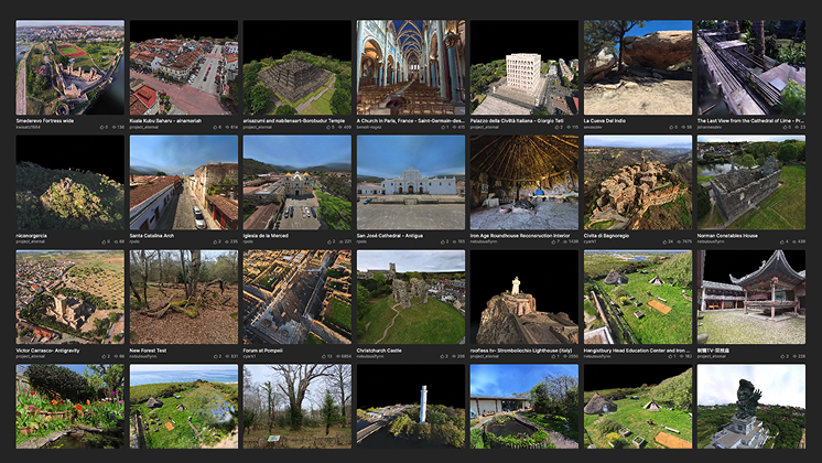 Interface of the SuperSplat platform displaying a gallery of 3D Gaussian Splatting (3DGS) models captured globally using the Antigravity A1 8K 360 drone.