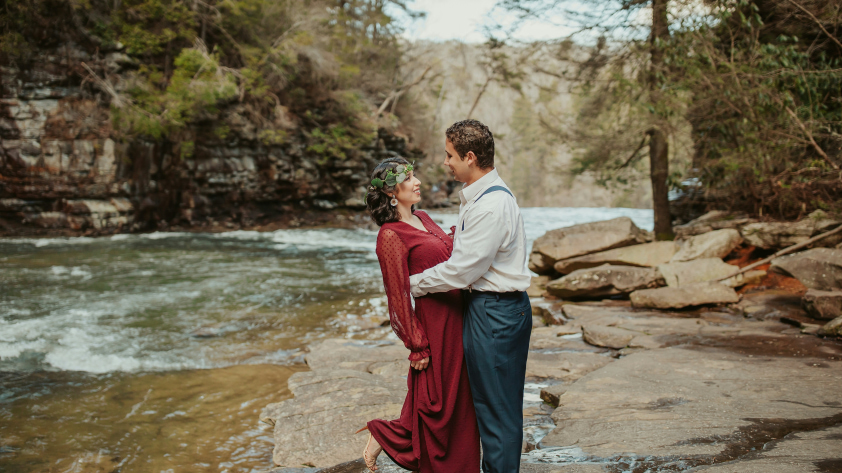 Couple by a river outdoors — engagement session inspiration