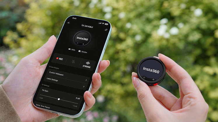 Insta360 Mic Pro shown next to a smartphone, managing setup wirelessly.