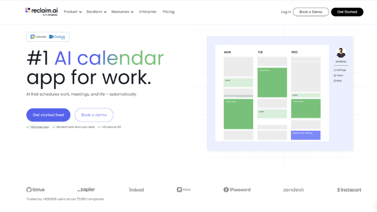 Reclaim AI's landing page.