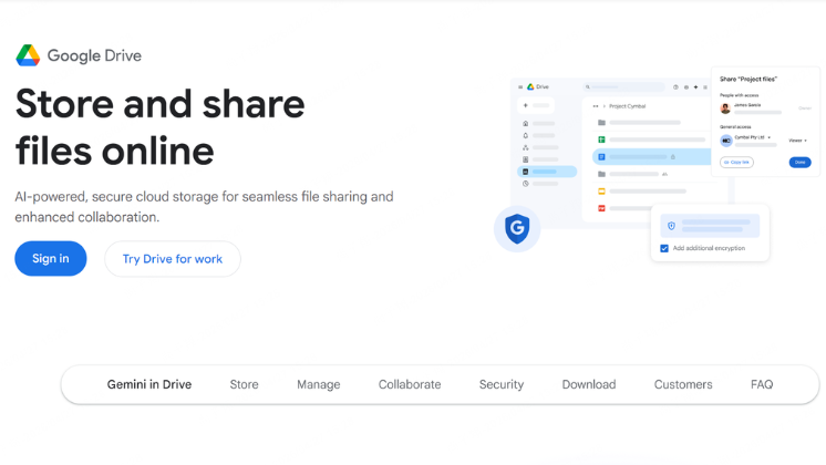 Google Drive landing page screenshot.