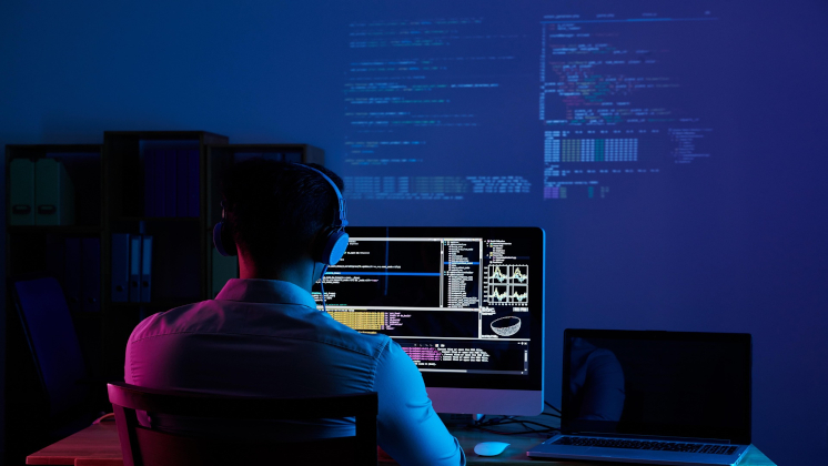 A developer vibe coding with code on their computer screen.