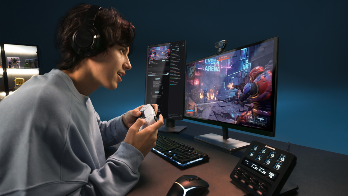 a gamer live streaming with the AI-powered Insta360 Link 2 Pro webcam