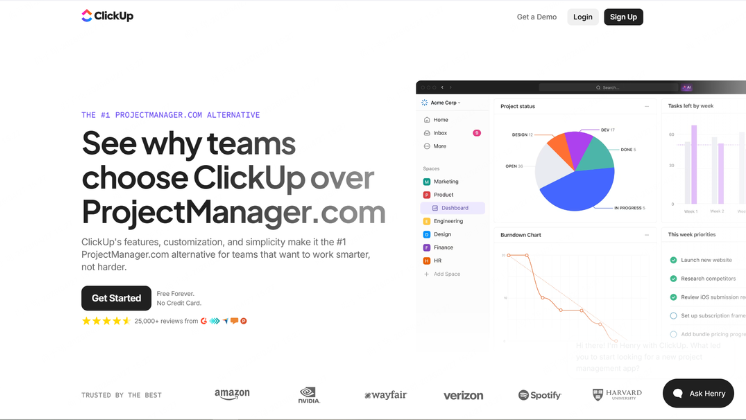 Screenshot of ClickUp's website, management tool.