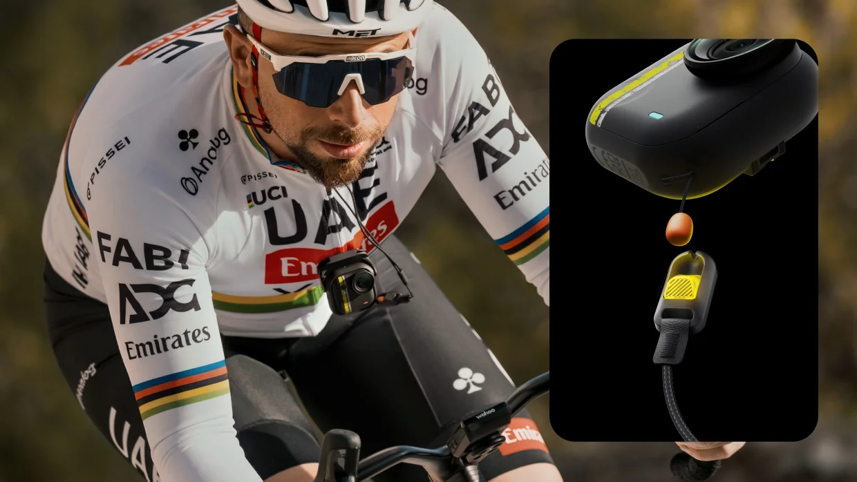 Cordón de seguridad con liberación rápida para ciclismo incluido en el bundle Insta360 GO Ultra Tadej Pogačar