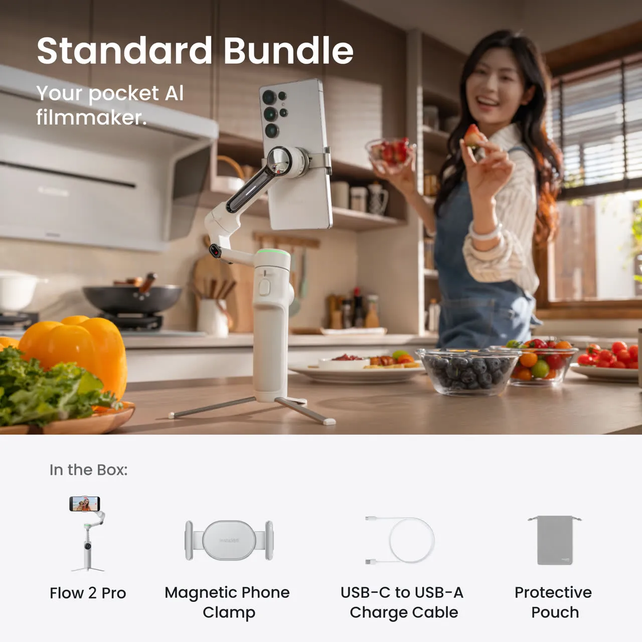 Insta360 Flow 2 standard bundle, including magnetic phone mount, cable and bag