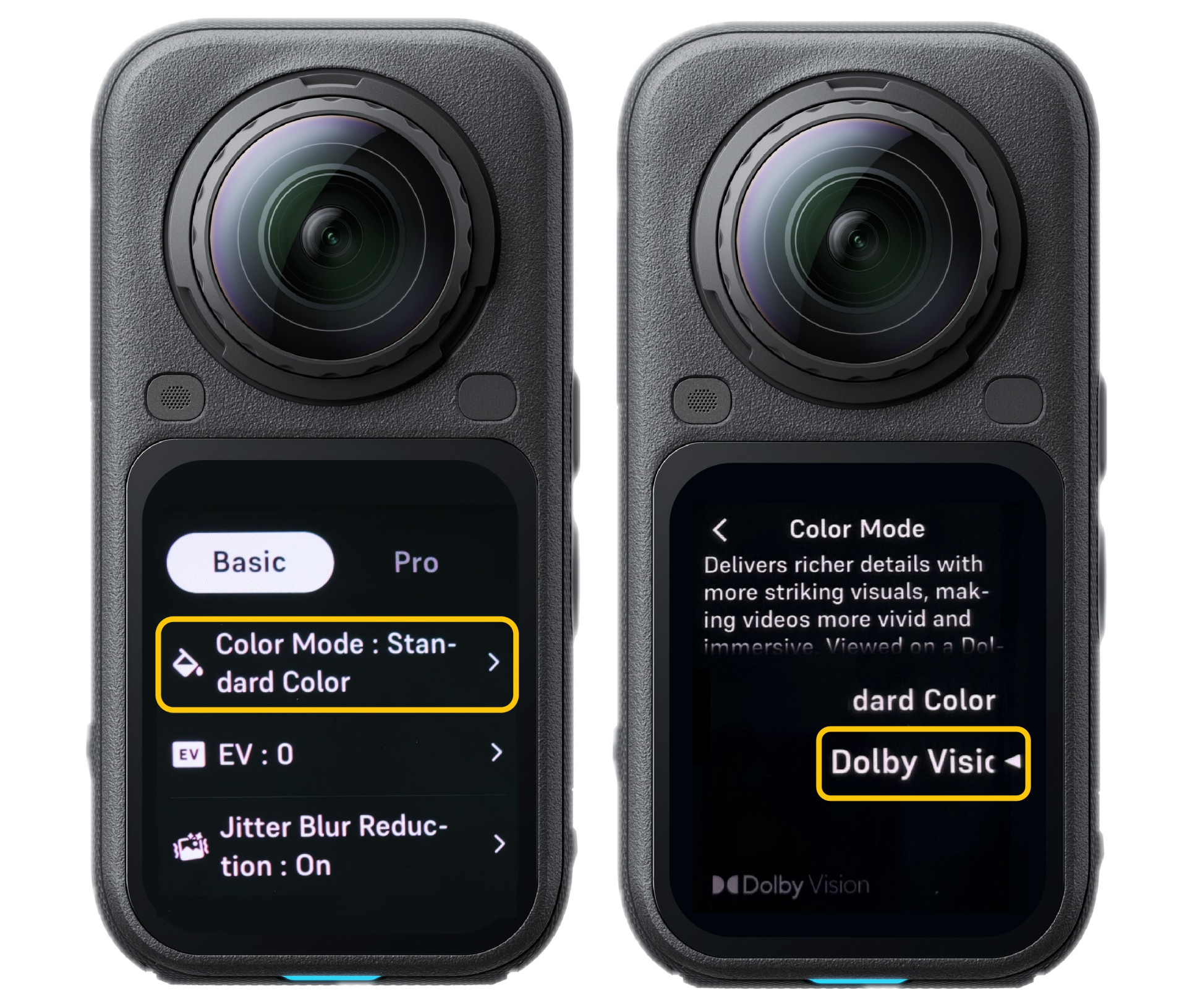 Official Insta360 X6 screens showing selection of Dolby Vision colour mode